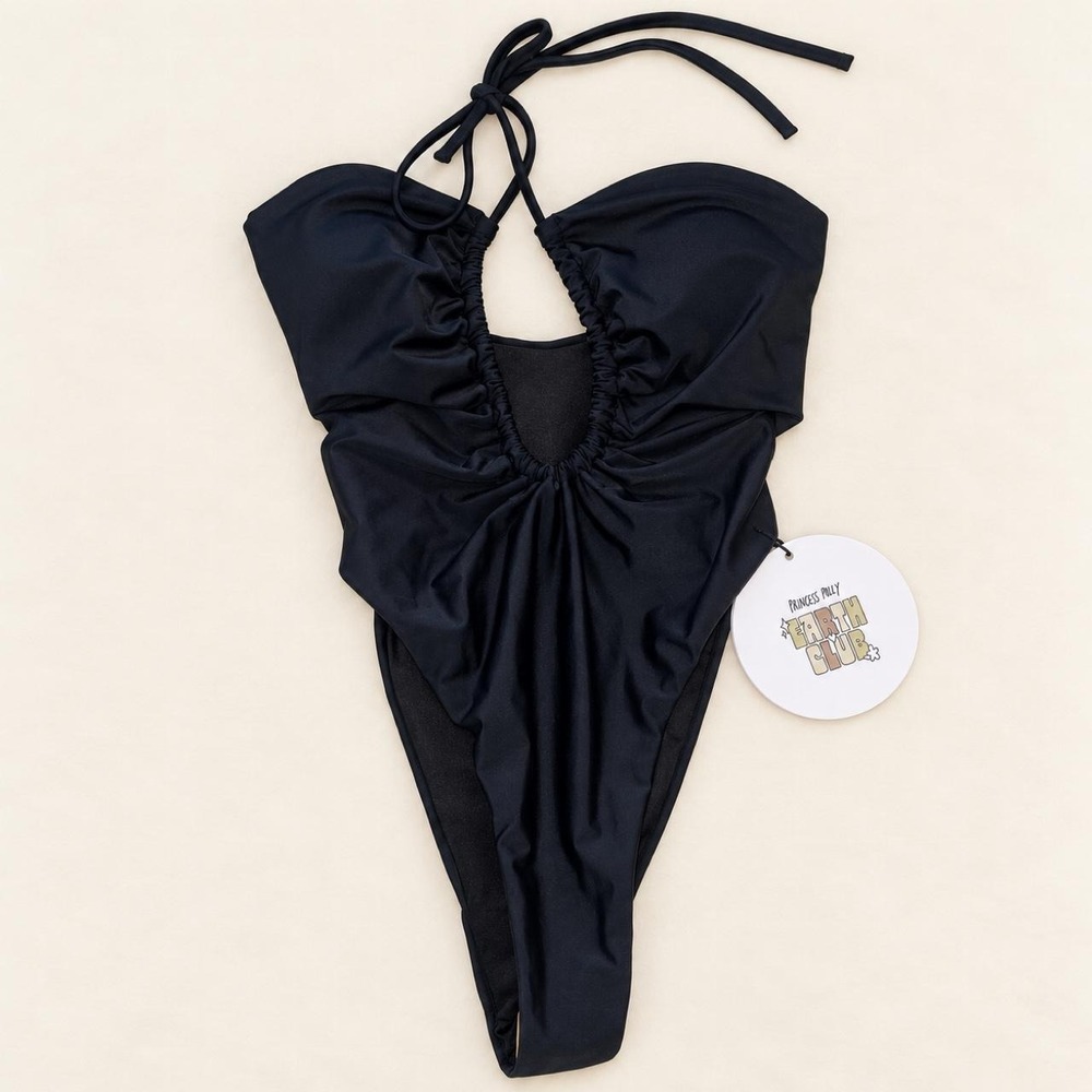Princess Polly Fern Black Halter One-Piece Swimsuit — US 2 🖤